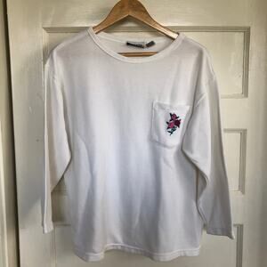 VTG 80s‎ 90s Gitano white long sleeve pocket tee rose embroidery M Cottagecore